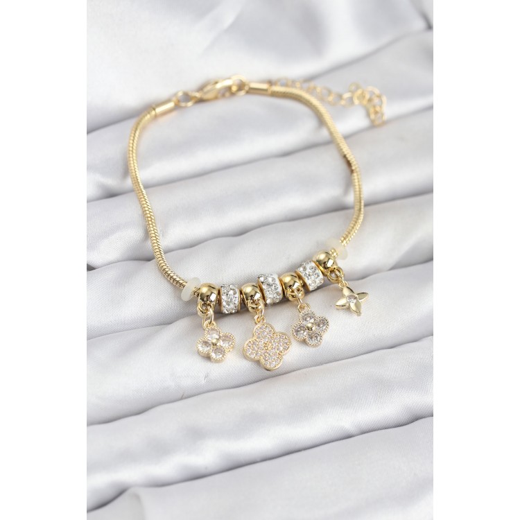 Pirinç Gold Renk Yonca Model Kadın Bileklik - TJ-BB8195