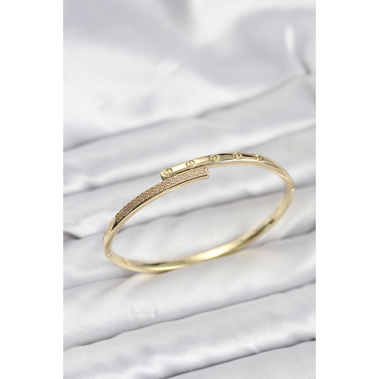 Pirinç Gold Renk Zirkon Taşlı Kadın Kelepçe Bileklik - TJ-BB8223