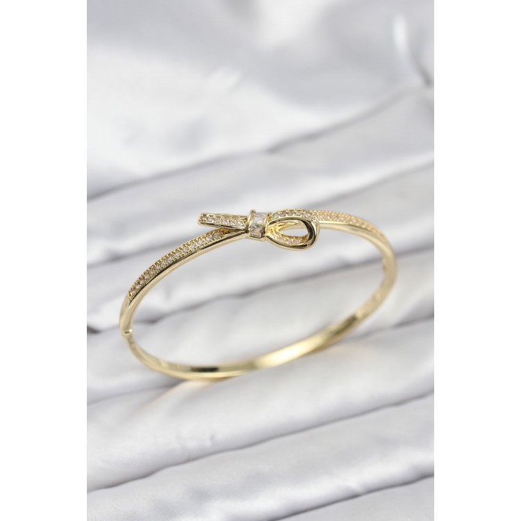 Pirinç Gold Renk Zirkon Taşlı Fiyonk Model Kadın Kelepçe Bileklik - TJ-BB8224