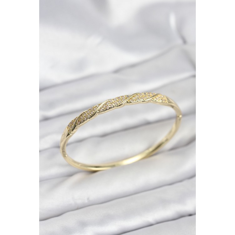 Pirinç Gold Renk Zirkon Taşlı Model Kadın Kelepçe Bileklik - TJ-BB8226