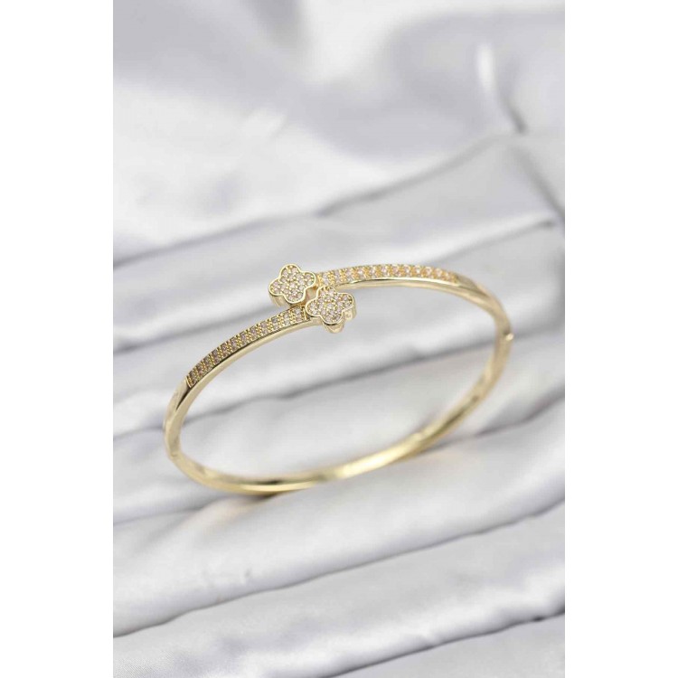 Pirinç Gold Renk Zirkon Taşlı Yonca Model Kadın Kelepçe Bileklik - TJ-BB8227