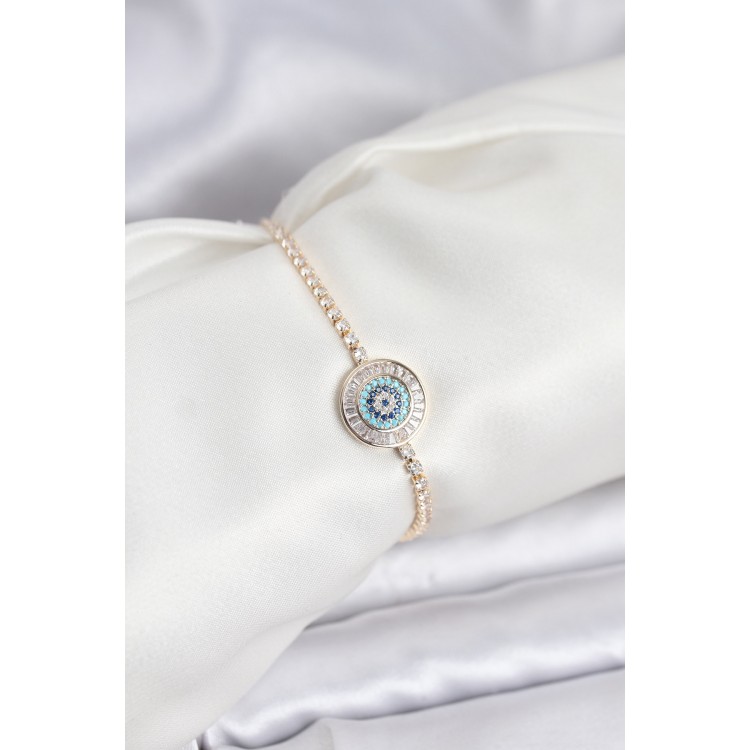 Gold Renk Nazar Model Zirkon Taşlı Asansörlü Su Yolu Bileklik - TJ-BB8238