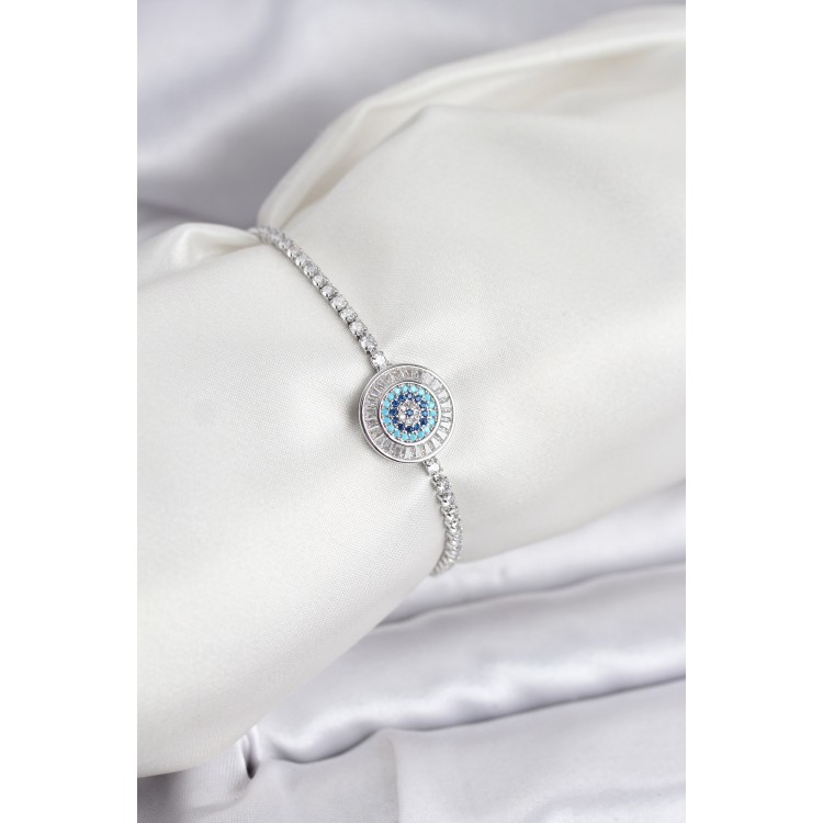 Nazar Model Zirkon Taşlı Gümüş Renk Asansörlü Su Yolu Bileklik - TJ-BB8239