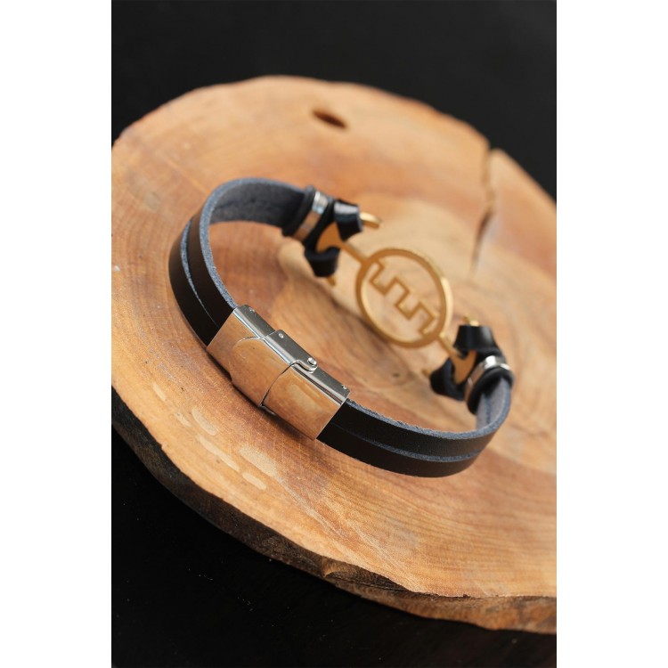 Gold Renk Metal Labirent Tasarım Siyah Renk Deri Erkek Bileklik - TJ-EB2555-KS