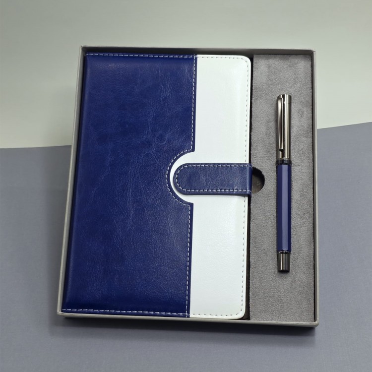 Blue and White Leather-Covered Notebook and Metal Pen Set