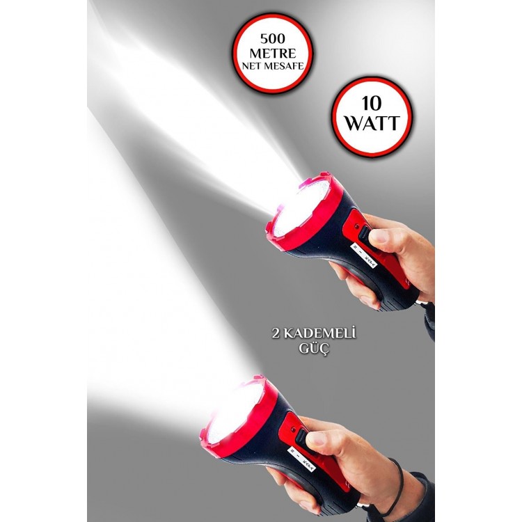 Şarjlı 10w Projektör Led El Fener 2 Mod Aydınlatmalı Uzun Menzil Güvenlik Bekçi Polis Feneri Işıldak