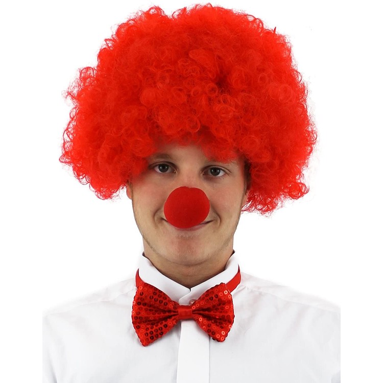 Kırmızı Renk Kıvırcık Afro Bonus Peruk Takma Saç ve Kırmızı Burun Seti Kırmızı Renk Kıvırcık Afro Bonus Peruk Takma Saç ve Kırmızı Burun Seti