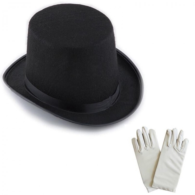 Black Magician Fedora Hat 15 cm - 1 Pair of White Magician Gloves - Adult Size