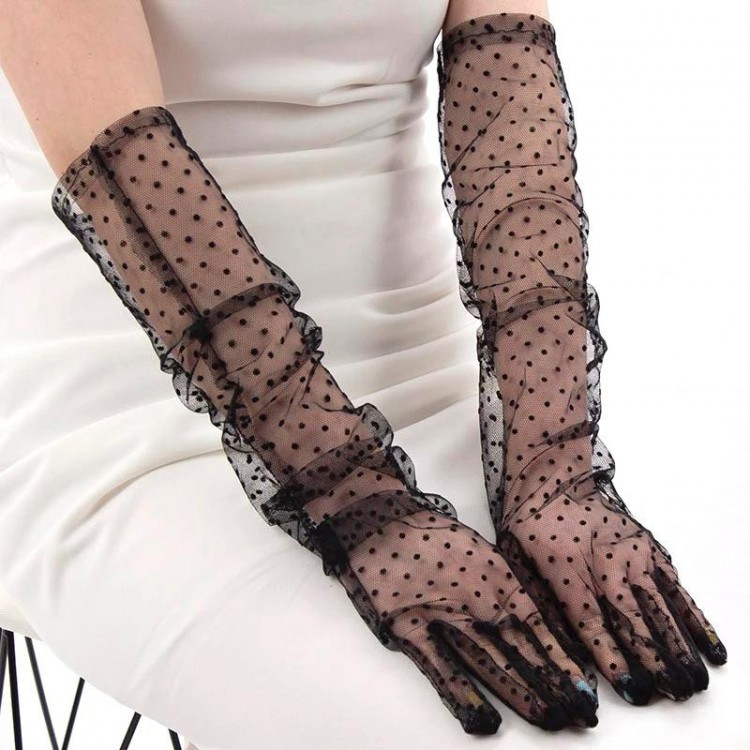 Long Black Polka Dot Black Adult Tulle Gloves 55 cm