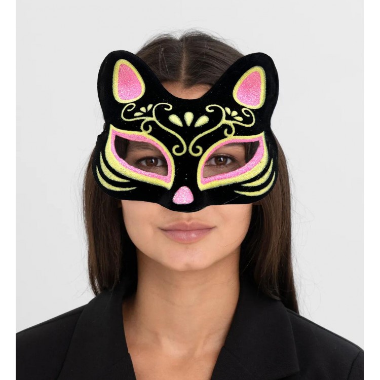 Black Suede Cover with Pink and Yellow Glitter Cat Mask 17x14 cm Black Suede Cover with Pink and Yellow Glitter Cat Mask 17x14 cm