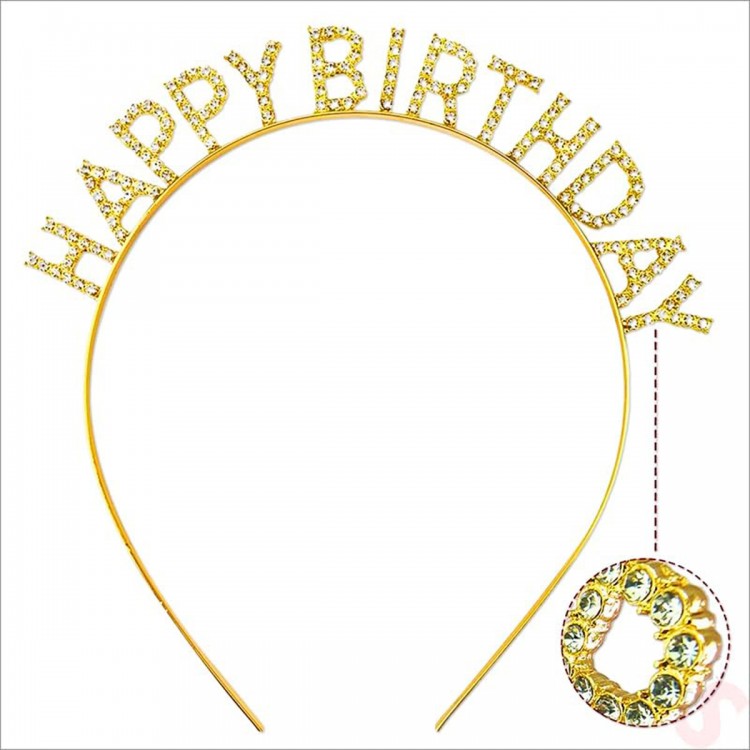 Gold Color Crystal Stone Shiny Happy Birthday Crown 16x17 cm