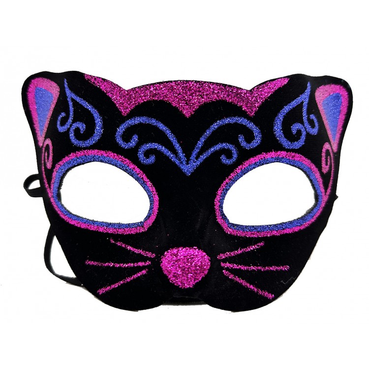 Black Velvet Cover with Pink and Blue Embroidered Cat Mask 20x13 cm
