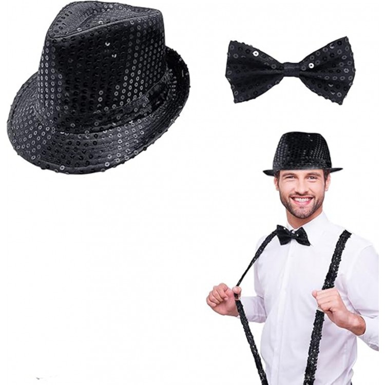 Siyah Payetli Şapka ve Papyon Seti – Parıltılı Yetişkin Kostüm Seti