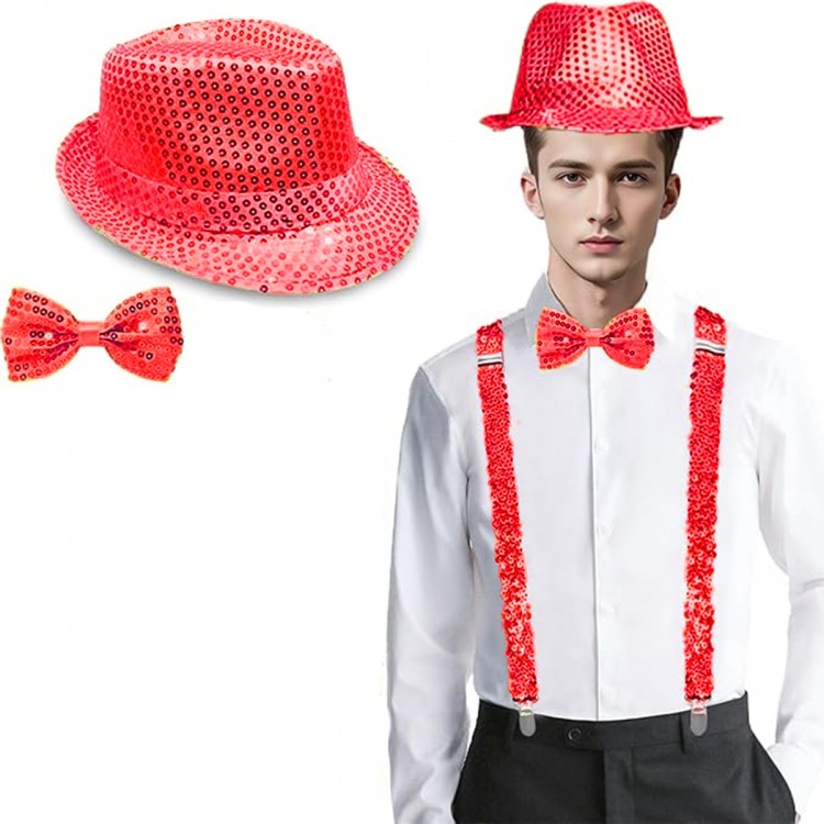 Kırmızı Payetli Şapka ve Papyon Seti – Parıltılı Yetişkin Kostüm Seti
