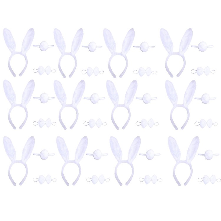 Beyaz Tavşan Kostüm Seti – Taç Papyon Kuyruk 12 li Paket