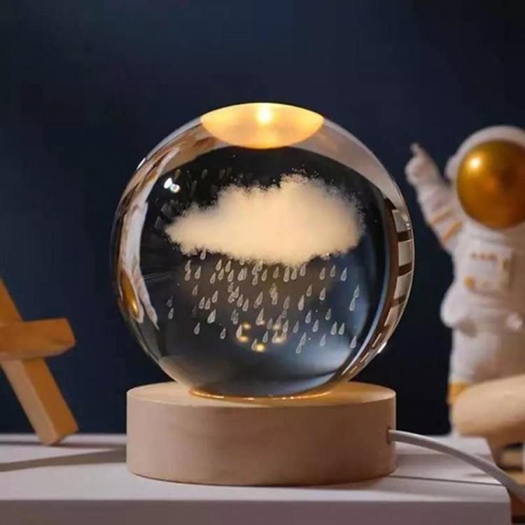 Decorative Cloud and Rain Designed Illuminated Glass Globe with Wooden Base Large SizeGlass:8cm Wood:2cm