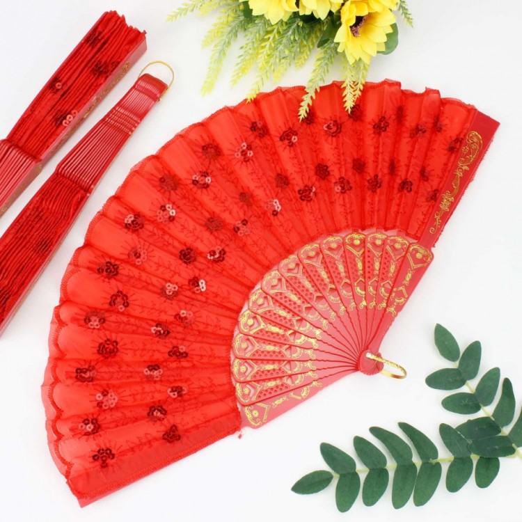 12-piece Red Plastic Beaded Fabric Fan