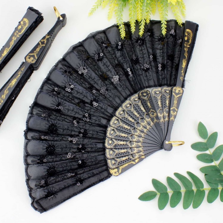 12-piece Black Plastic Beaded Fabric Fan
