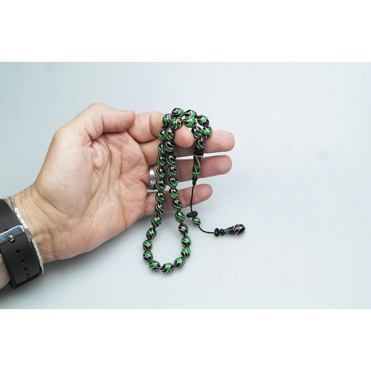  Oltu Taşı Ve Yeşil Galalith Çeşmi Bülbül İşlemeli Tespih