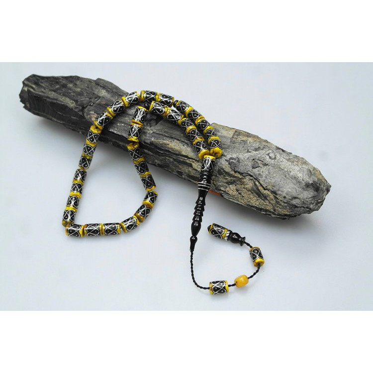 Oltu Stone and Yellow Galalith Knitting Embroidery Rosary