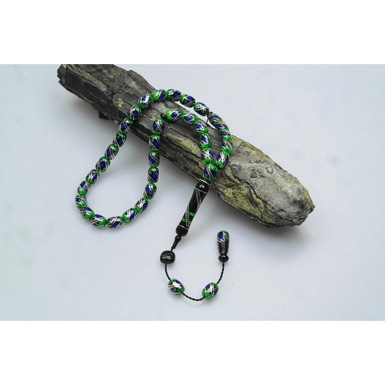 Oltu Stone and Green Galalith Double Fountain Engraved Prayer Beads