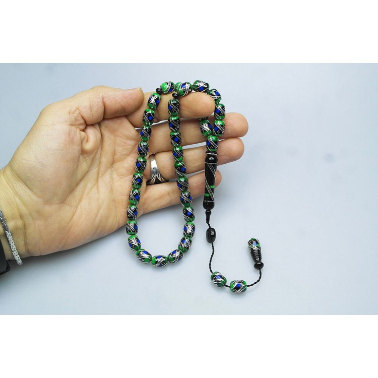 Oltu Stone and Green Galalith Double Fountain Engraved Prayer Beads