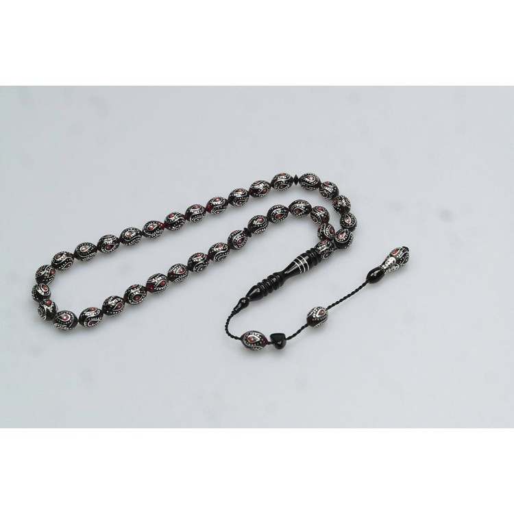 Oltu Stone Red Galalith Tesbih with Drop-Engraved Inside