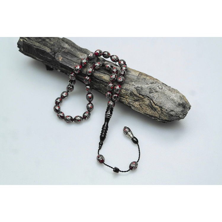 Oltu Stone Red Galalith Tesbih with Drop-Engraved Inside