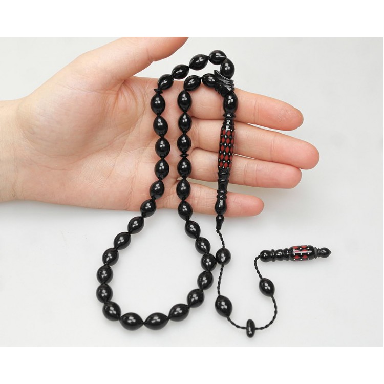 Oltu Taşı Oyma İmame ve Kırmızı Mine İşleme  Sade Tespih