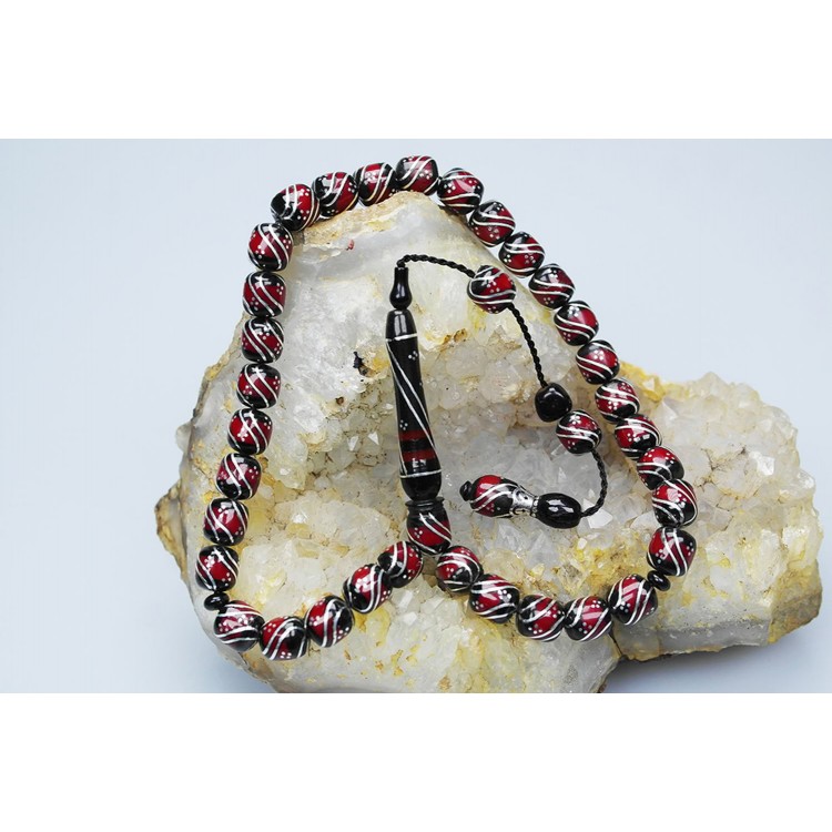 Oltu Stone and Galalith Double Fountain Engraved Rosary