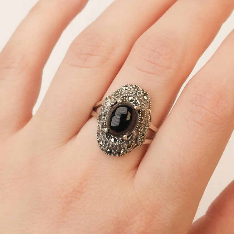 Silver Oval Model Oltu Stone Eyebrow Women's Ring