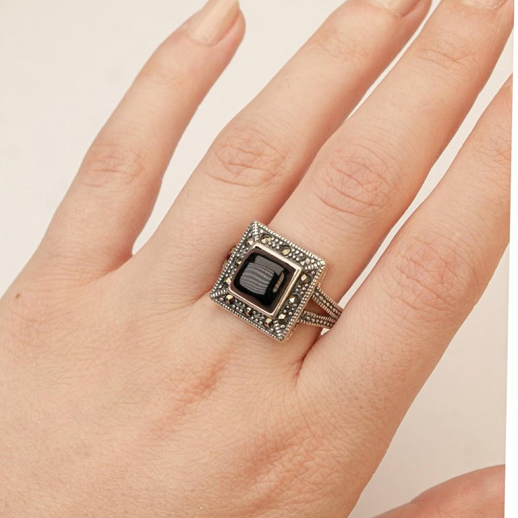 Oltu Stone Eyebrow Square Model Women's Ring Oltu Stone Eyebrow Square Model Women's Ring