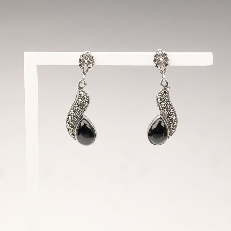 Marcasite Stone Silver Drop Oltu Stone Earrings