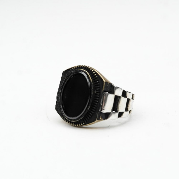 Silver Model Men's Ring with Cord Patterned Opsidian Stone