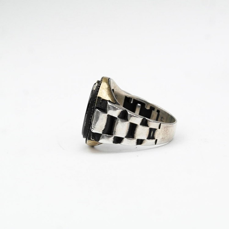Silver Model Men's Ring with Cord Patterned Opsidian Stone