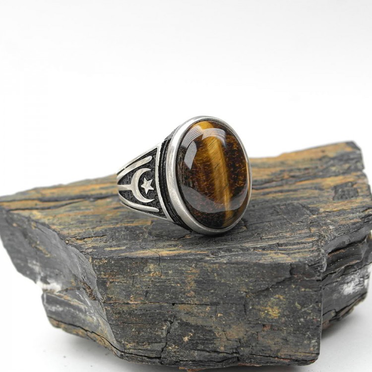 Crescent Star Kayı Length Patterned Model Tiger Eye Stone Men's Ring Crescent Star Kayı Length Patterned Model Tiger Eye Stone Men's Ring