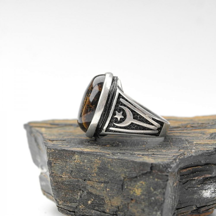 Crescent Star Kayı Length Patterned Model Tiger Eye Stone Men's Ring Crescent Star Kayı Length Patterned Model Tiger Eye Stone Men's Ring