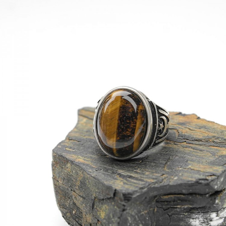 Crescent Star Kayı Length Patterned Model Tiger Eye Stone Men's Ring Crescent Star Kayı Length Patterned Model Tiger Eye Stone Men's Ring