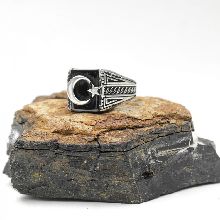 Men's Ring with Crescent Star and Knitted Edges Men's Ring with Crescent Star and Knitted Edges