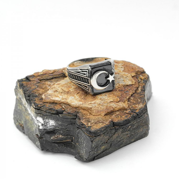 Men's Ring with Crescent Star and Knitted Edges Men's Ring with Crescent Star and Knitted Edges