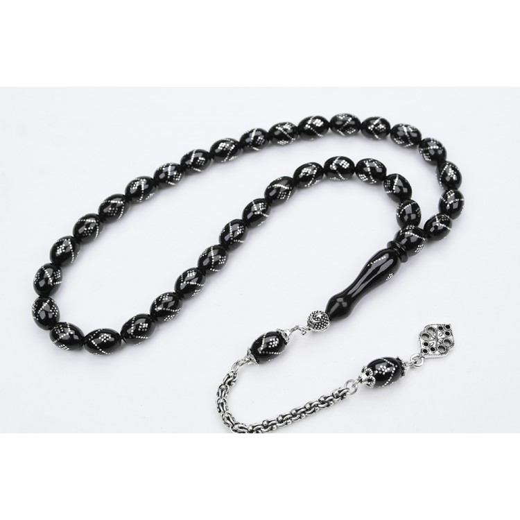 Oltu Stone White Model Single Zigzag Diamond Embroidered Prayer Beads Oltu Stone White Model Single Zigzag Diamond Embroidered Prayer Beads