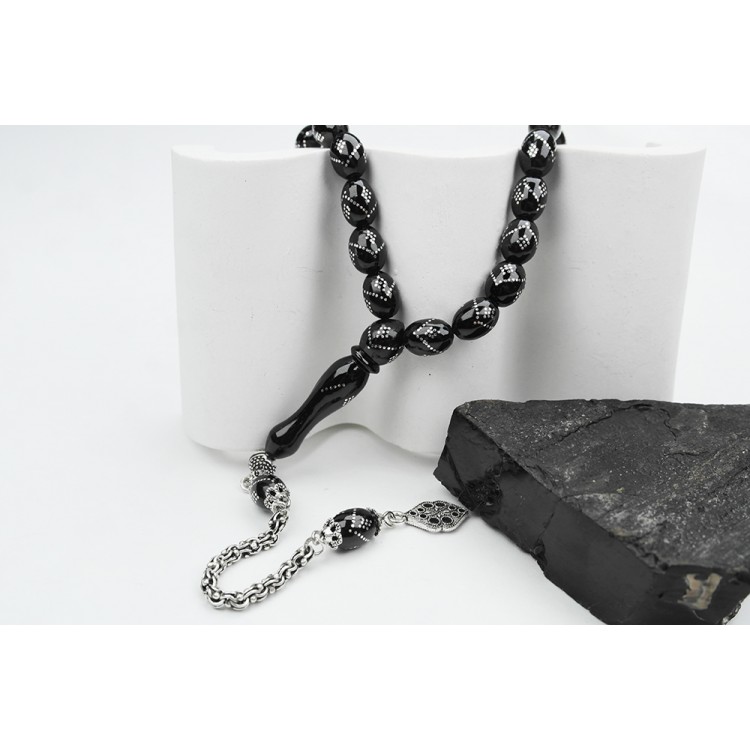 Oltu Stone White Model Single Zigzag Diamond Embroidered Prayer Beads Oltu Stone White Model Single Zigzag Diamond Embroidered Prayer Beads