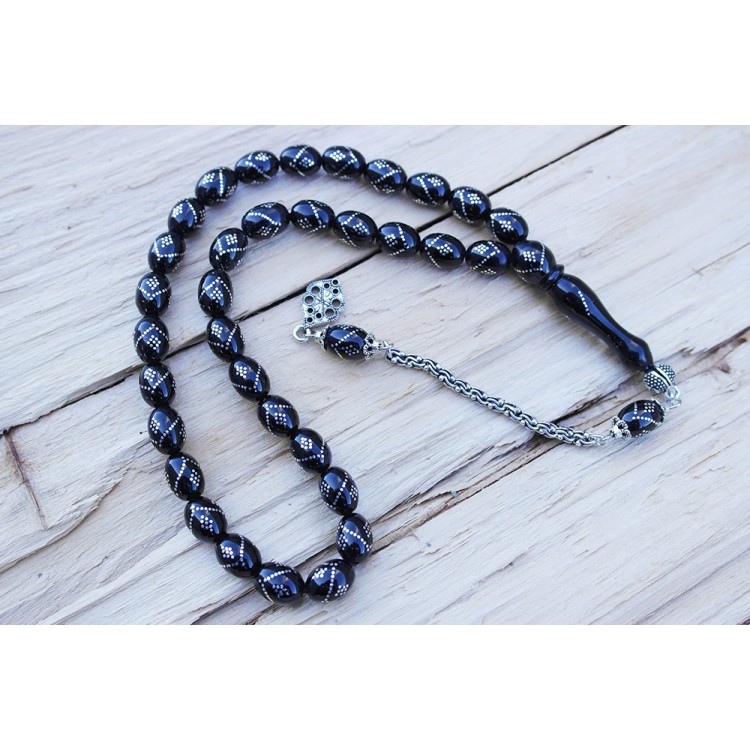 Oltu Stone White Model Single Zigzag Diamond Embroidered Prayer Beads Oltu Stone White Model Single Zigzag Diamond Embroidered Prayer Beads