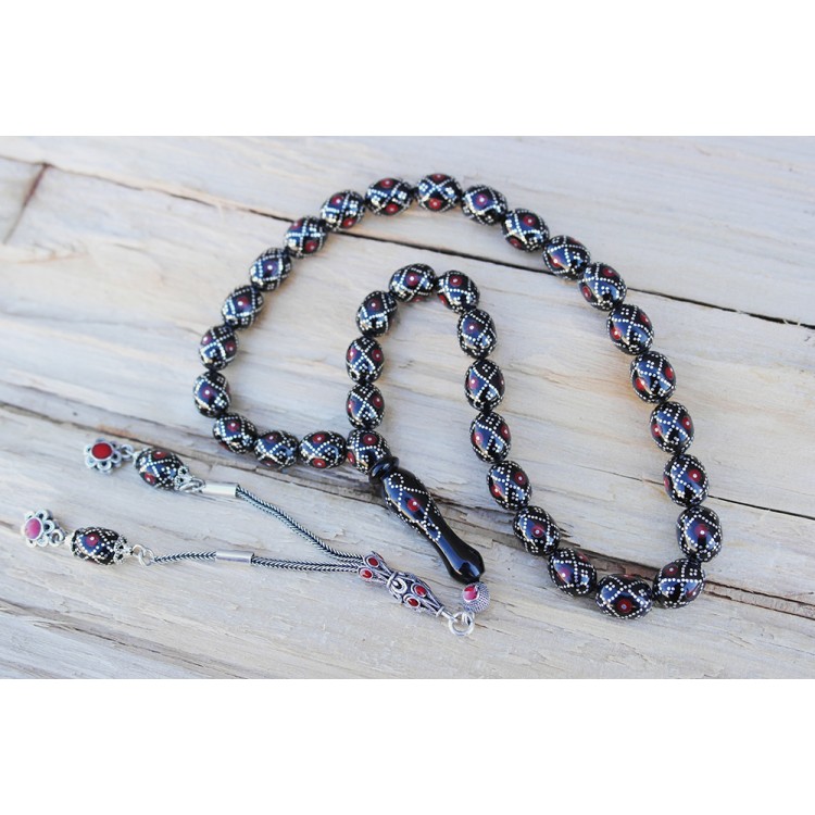 Oltu Taşı  Beyzi Fiyonk Kırmızı İşlemeli Tespih  