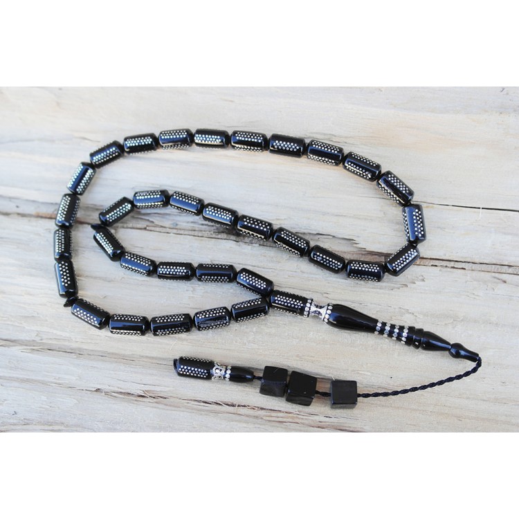 Oltu Taşı  Boru Kesim Kilim Desen İşlemeli Tespih