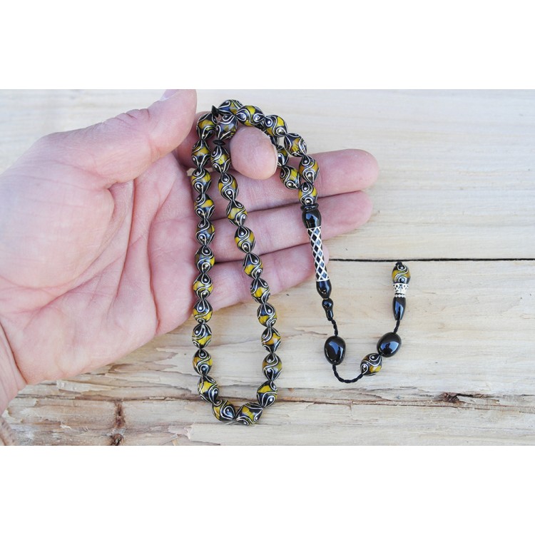 Oltu Stone and Yellow Galalith Fountain Drop Engraved Rosary