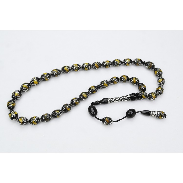 Oltu Stone and Yellow Galalith Fountain Drop Engraved Rosary