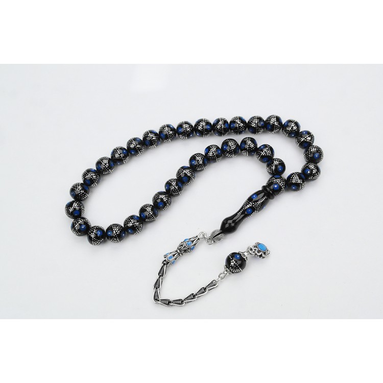 Oltu Taşı Küre Mavi Yıldız İşlemeli Tespih