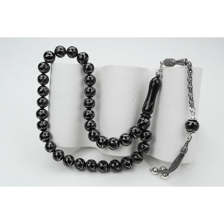 Oltu Taşı Küre  Model Çemberli Burgu İşlemeli Tespih