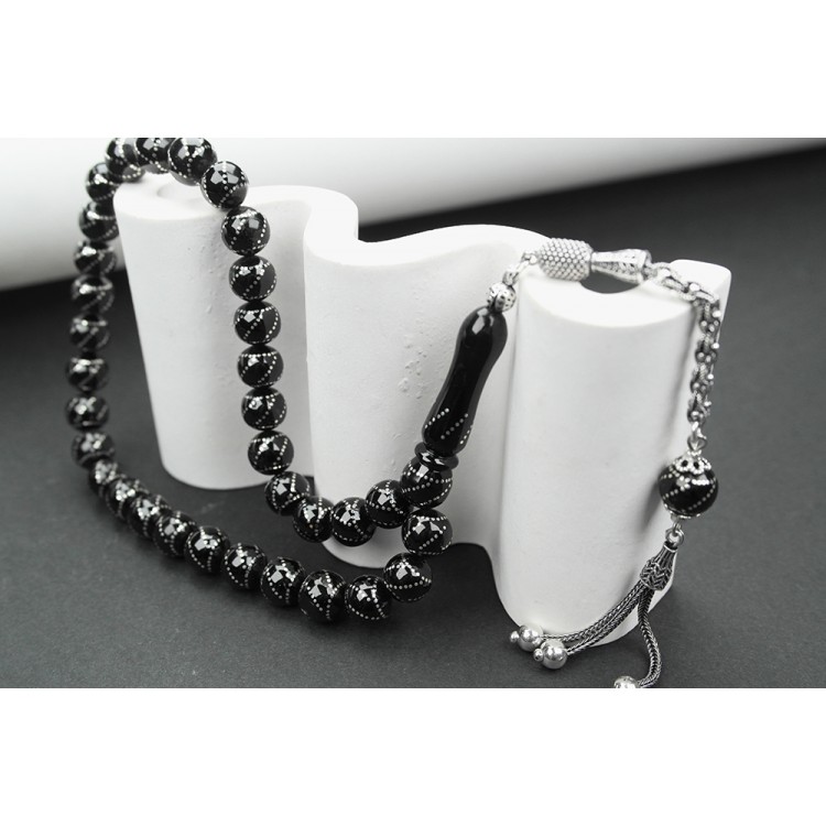 Oltu Stone Sphere Model Circled Spiral Engraved Prayer Beads